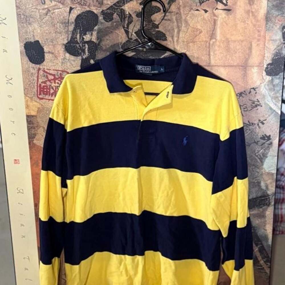 Polo Ralph Lauren Yellow and Navy Blue Striped Long Sleeve Rugby Polo